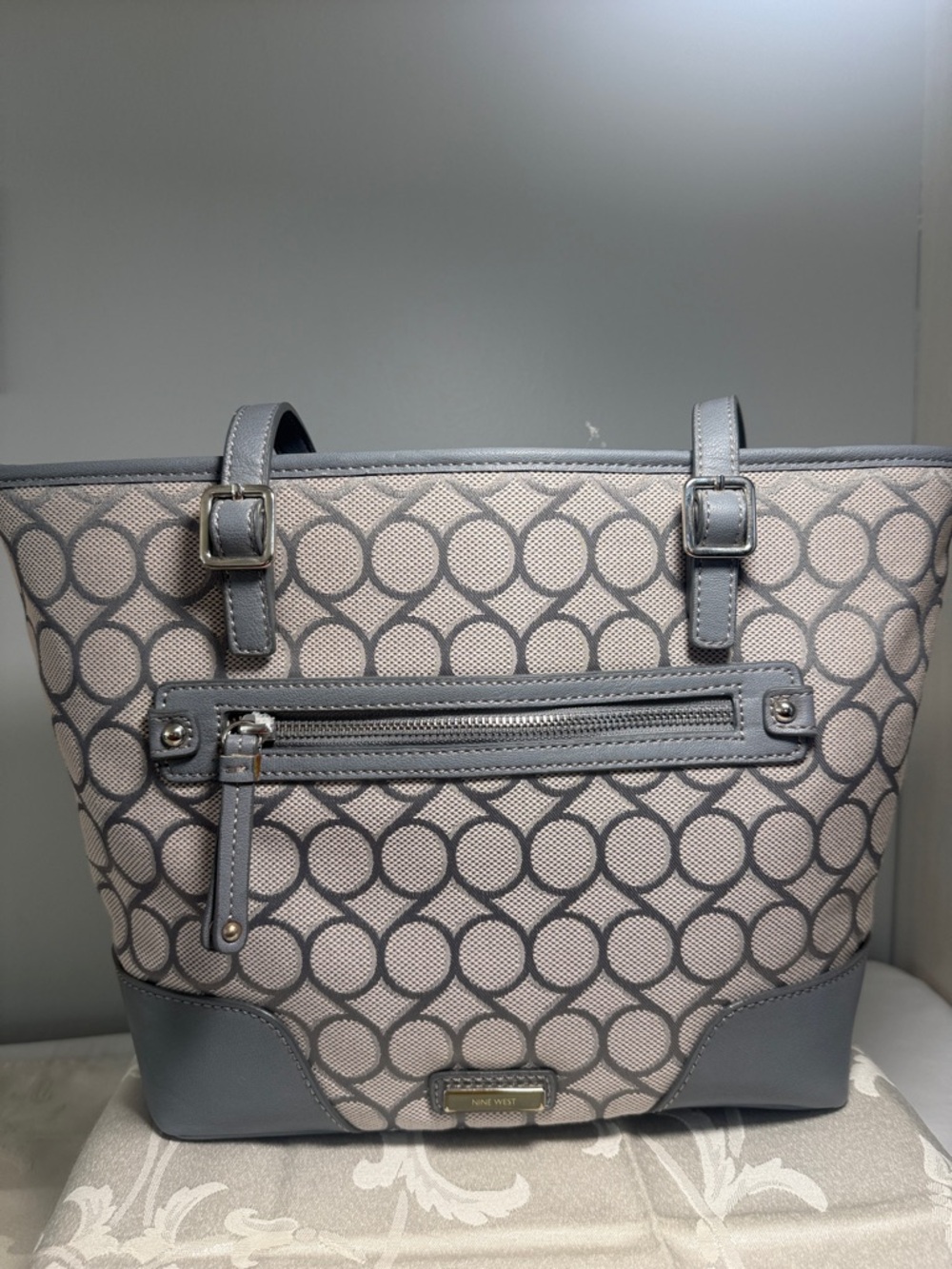 Nine West Beige and Gray Circle-Print Tote with Front Zip Pocket